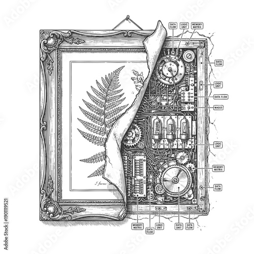 framed botanical fern print partially peeled back to reveal intricate gears, tubes, and labeled logic units sketch engraving generative ai vector illustration. Scratch board. Black and white image.