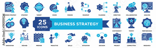 Business strategy icon set featuring planning, target, roadmap, decision making, analysis, performance metrics, collaboration, innovation, and project management icons for professional corporate 
