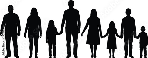 Family silhouettes standing together, parents and children holding hands, black people vector illustration, family bonding concept, isolated white background