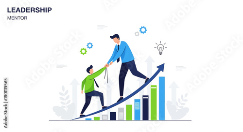 Mentor guiding employee up upward trend graph symbolizing career growth and success