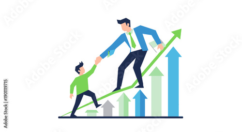 Mentor guiding mentee up a growing chart, symbolizing career advancement and success.