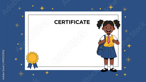 Blank certificate template with a happy African American schoolgirl wearing a uniform and backpack, against a starry blue background.