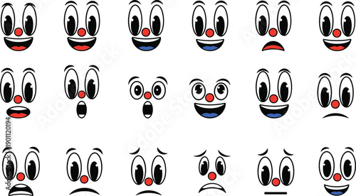 Cartoon facial expression set with funny emotional faces showing happiness surprise sadness anger and humor illustration collection