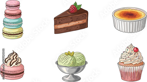 Dessert illustration set with macarons cake creme brulee ice cream cupcake, sweet bakery food cartoon vector icons