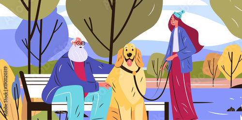 Active seniors walking dog outdoor park autumn trees elderly man sitting bench woman holding leash colorful landscape flat design
