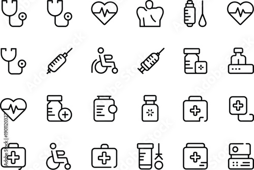 Black Linear Medical Icons Set Featuring Stethoscope Syringe Healthcare Equipment First Aid Kit Wheelchair and Medicine Symbols for Healthcare Design Hospital Apps and Wellness Projects