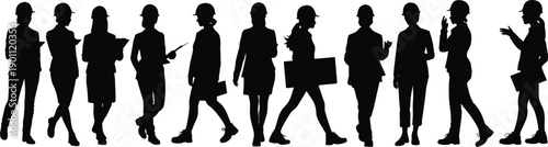 Construction engineer silhouettes set showing male and female professionals with helmets documents teamwork poses isolated on white background
