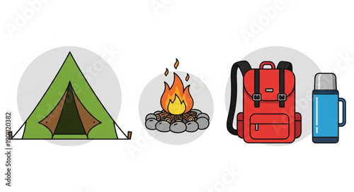 Camping gear including tent campfire backpack and thermos.