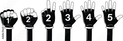 Hand gesture counting sequence illustration showing numbers one to five using black and white glove style design
