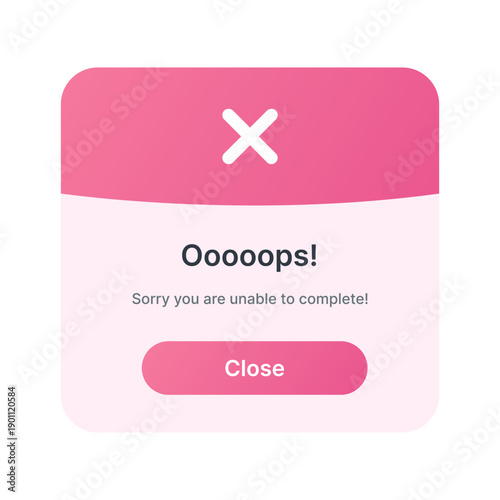 Error popup notification design modern UI. Oops error message popup interface design. Failure alert popup window user interface.