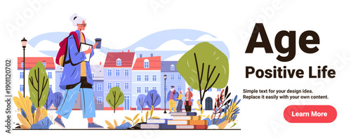 Active senior woman walking city park books coffee urban landscape elderly people outdoor trees buildings colorful flat website banner