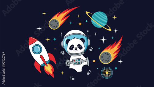 Adorable cartoon panda astronaut floating happily in space, surrounded by planets, rockets, and comets, against a dark starry background.
