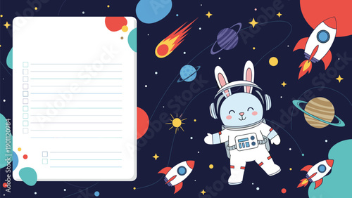 Customizable to-do list or planner template featuring a cute bunny astronaut floating in space surrounded by planets and rockets.