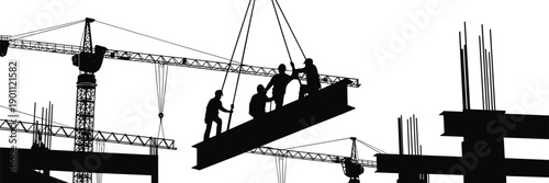Construction workers silhouettes lifting concrete beam with tower crane at building site framework isolated on white background vector illustration