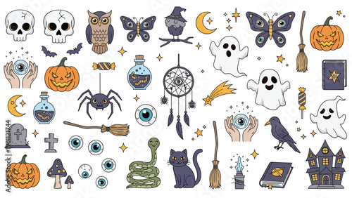 Extensive collection of whimsical Halloween elements including skulls, ghosts, pumpkins, witches, spiders, and magical potions.