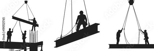 Construction workers silhouettes lifting steel beam with crane rigging teamwork at building site isolated on white background vector illustration