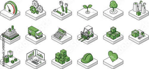 Isometric green manufacturing and logistics icon set showing production process supply chain sustainability industry workflow illustration elements