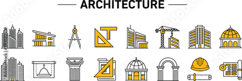 Stylized architecture illustration featuring skyscrapers, classical buildings, design tools, construction elements, blueprints, helmets, cranes, and planning documents