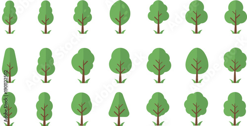 Flat tree icon collection showing different green forest plants nature elements for landscape design and environmental illustration