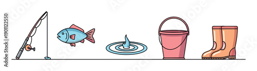 Set of colorful fishing equipment icons including a rod, fish, water ripple, bucket, and rubber boots in a simple cartoon illustration style arranged in a horizontal row