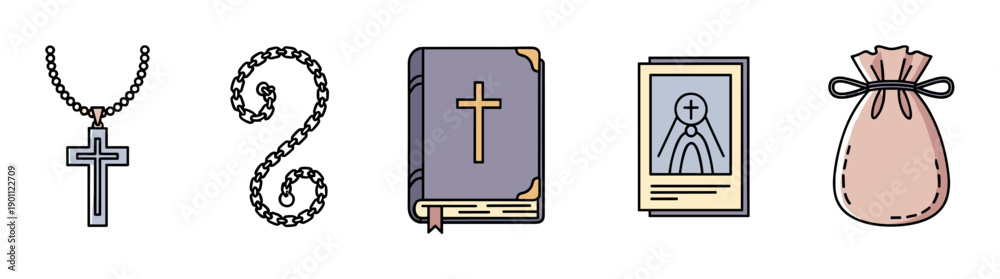 Fototapeta premium Collection of religious Christian icons including a cross necklace, chain, bible, saint card, and pouch, presented in a simple, colorful line art illustration style for faith concepts