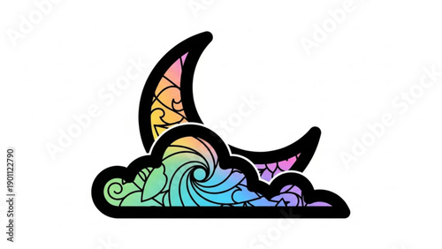 Vibrant stained glass crescent moon rising over colorful ocean waves and clouds at sunset symbolizing serenity and wonder