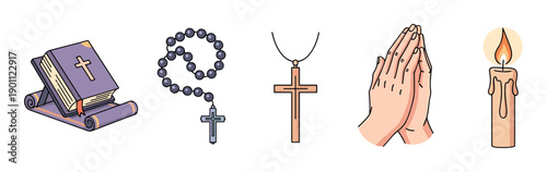 Set of Christian religious symbols including the holy bible, rosary beads, a cross, praying hands, and a lit candle, illustrated in a clean, colorful cartoon style