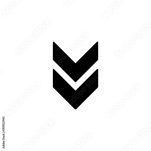 Bold black double chevron arrow icon pointing downwards, symbolizing a scroll, collapse, or next action on a transparent background.