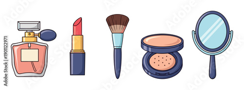 Illustrated set of five cosmetic and beauty items including a perfume bottle, red lipstick, makeup brush, powder compact, and a hand mirror in a simple, colorful cartoon style