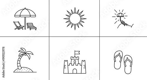 Beach vacation icons including umbrella, sun, lounge chair, palm tree, sandcastle, flip flops