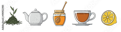 Set of tea making ingredients and utensils including loose leaf tea, a teapot, honey, a cup, and a lemon, presented in a colorful cartoon illustration style for a cozy beverage concept