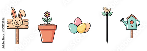 Cute set of spring and Easter icons featuring a bunny sign, potted flower, colored eggs, bird, and birdhouse in a flat cartoon style with pastel colors and a black outline
