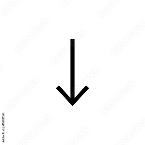 Simple black outline down arrow icon representing direction, download, or scroll functionality in user interface design, isolated on a transparent background.