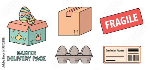 Set of Easter delivery pack illustrations featuring a festive gift box with decorated eggs, a cardboard parcel, a fragile sticker, an egg carton, and a shipping label