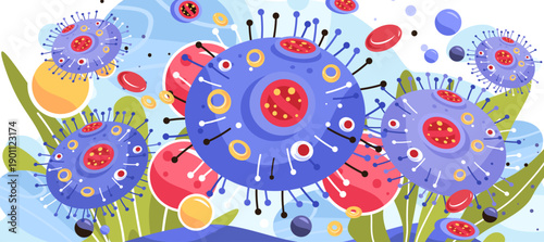 Virus bacteria pathogen infection disease anatomy concept colorful microscopic cells floating abstract medical background