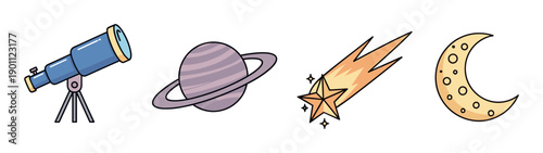 Set of four colorful cartoon illustrations featuring a telescope, a ringed planet, a shooting star, and a crescent moon, representing astronomy and space exploration concepts