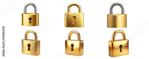 Modern 3D Gold Padlock Icon for Cybersecurity Design, Isolated on a Transparent Background.