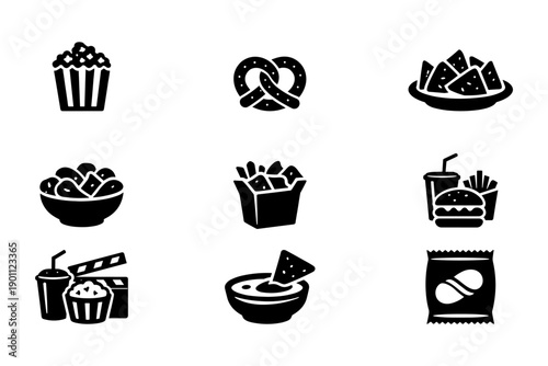 Collection of snack icons: popcorn, pretzel, nachos, burger, soda, chips