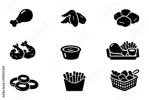 Icons of popular fast food items including chicken wings and fries