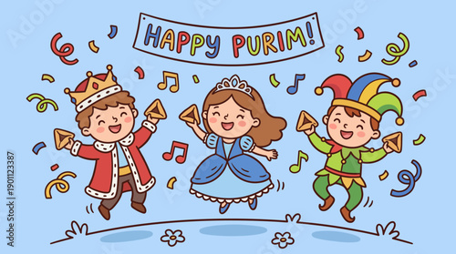 Happy Purim! Cute Cartoon Children in Costume (Queen Esther, King, Jester) Jumping with Hamantaschen and Confetti. Jewish Holiday Celebration Vector Illustration.