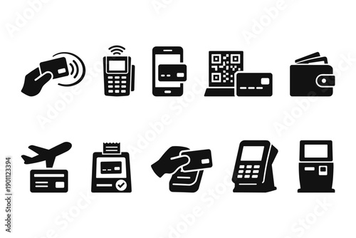 Contactless payment icons: card, qr code, phone, wallet, terminal