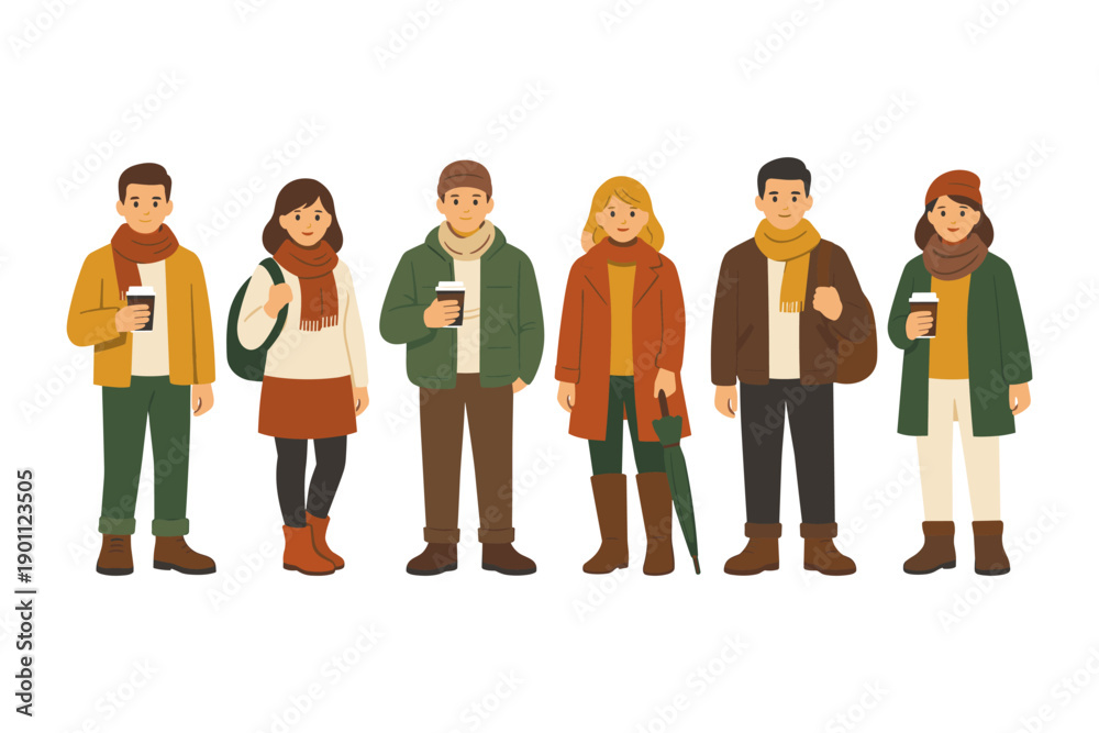 Obraz premium Group of young adults in autumn attire holding coffee cups