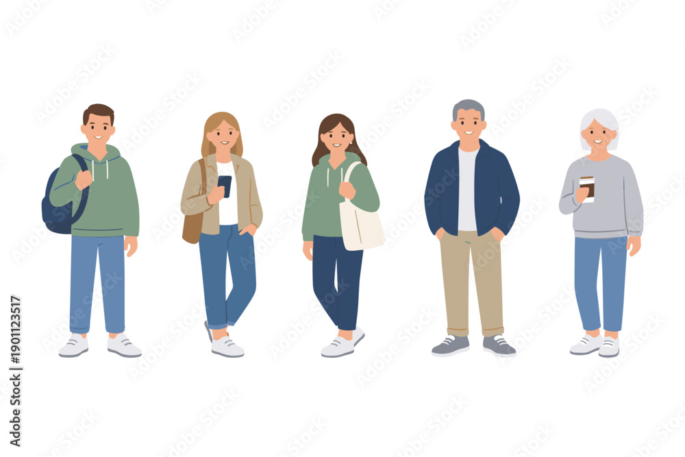 Fototapeta premium Diverse group of cartoon people in casual attire