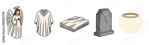 Set of religious icons and symbols for death and the afterlife, including an angel, a tombstone, a halo, a white robe, and a folded shroud in a simple cartoon illustration style