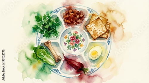 Watercolor Seder Plate Illustration for Passover. Traditional Jewish Holiday Foods: Matzah, Charoset, Zeroa, Karpas, Maror, and Egg.