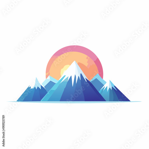 Snowy mountain range at sunrise with a warm, glowing sun behind the peaks