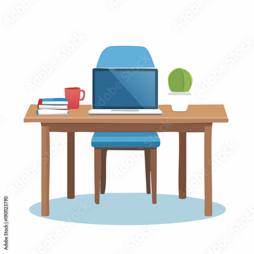 Modern Home Office Setup with Laptop, Books, and Plant on Wooden Desk for Remote Work and Study