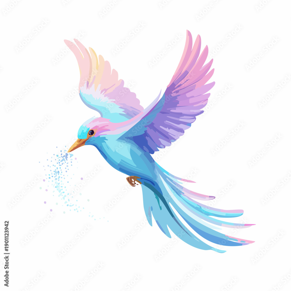 Obraz premium Whimsical Pastel-Colored Bird in Graceful Flight, Sprinkling Shimmering Magic Dust, an Enchanting Illustration of Natural Beauty