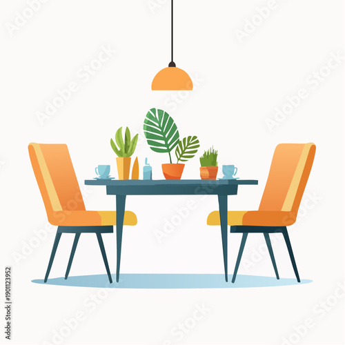 Modern Dining Room Interior with Minimalist Furniture and Potted Plants, A Contemporary Setting for Casual Meals and Relaxed Living