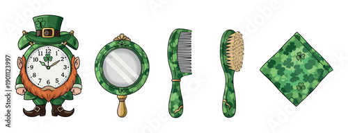 St. Patrick's Day themed collection of items featuring a festive leprechaun alarm clock, hand mirror, comb, hairbrush, and shamrock patterned handkerchief.